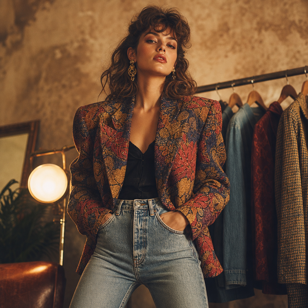 Fashion model wearing a statement vintage jacket with bold shoulders and high-waisted denim in a warm, cinematic studio