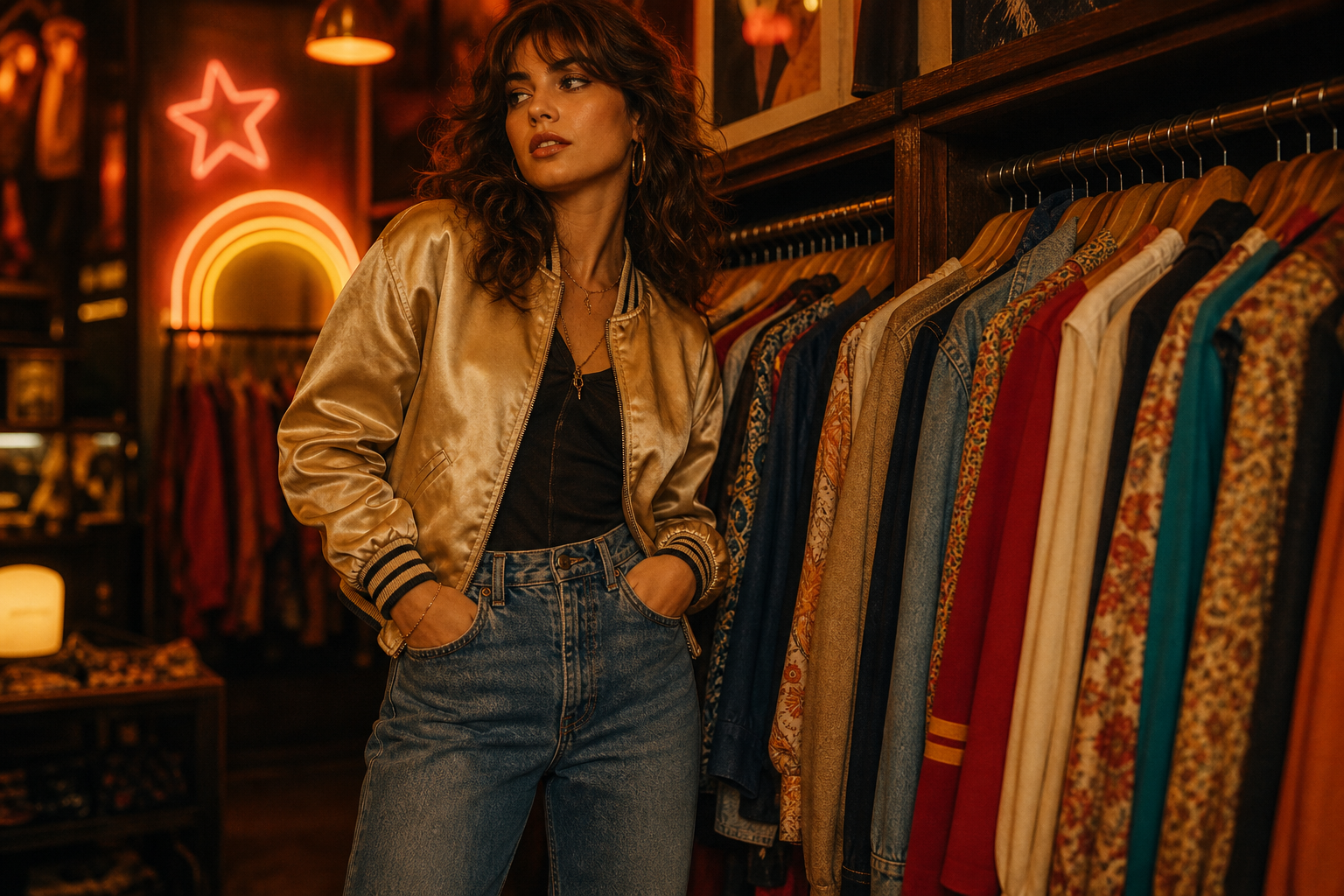 Editorial photo of a vintage boutique scene with a model in a satin bomber and high-waisted jeans, warm neon glow behind clothing racks