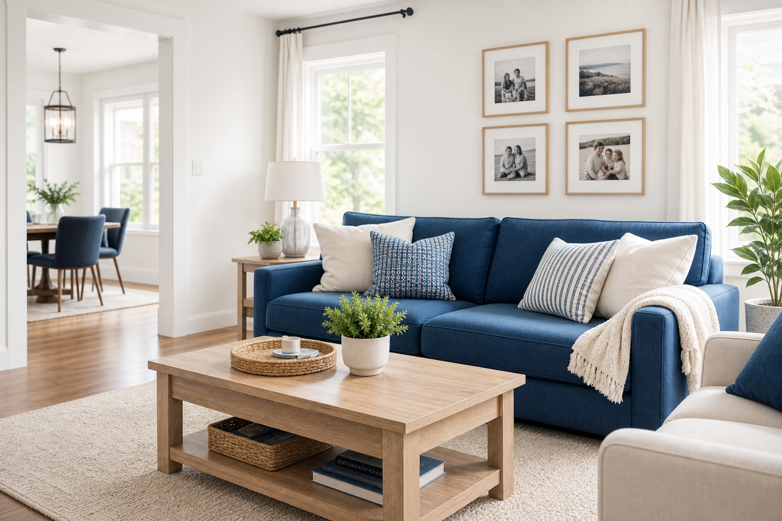 Bright, tidy living room with a blue sofa, white walls, sunlight through large windows, and neatly arranged family-home decor