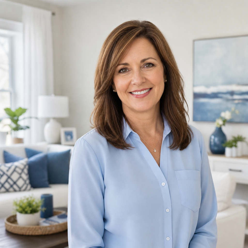 Jennifer Thompson smiling in a bright, tidy living room