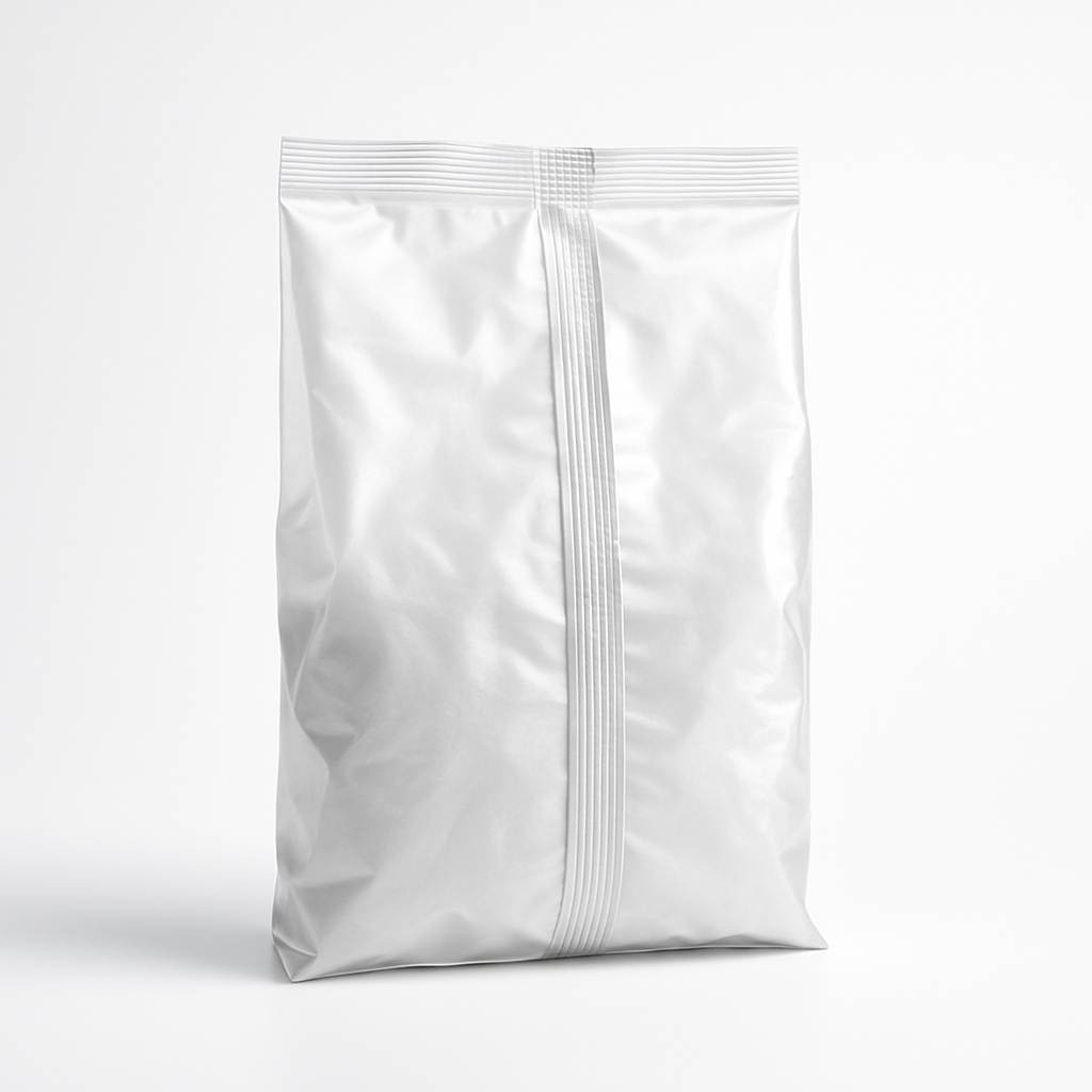 Center seal flexible packaging bag, clear modern product photo with clean background, suitable for food or industrial use, showcasing professional quality