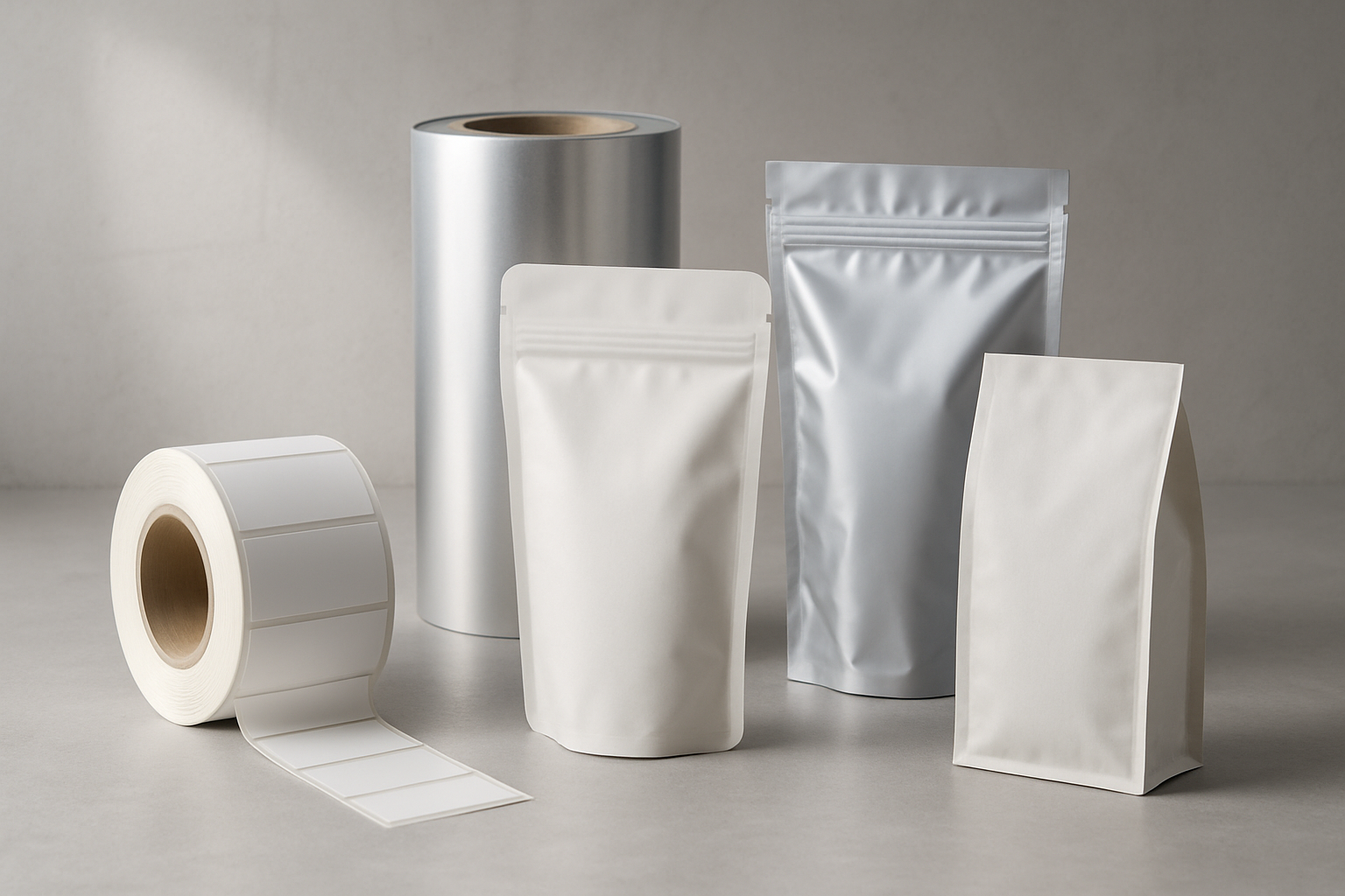 Studio-style arrangement of premium flexible packaging including stand-up pouches, zipper bags, center seal bags, labels, and material rolls in a clean industrial setting