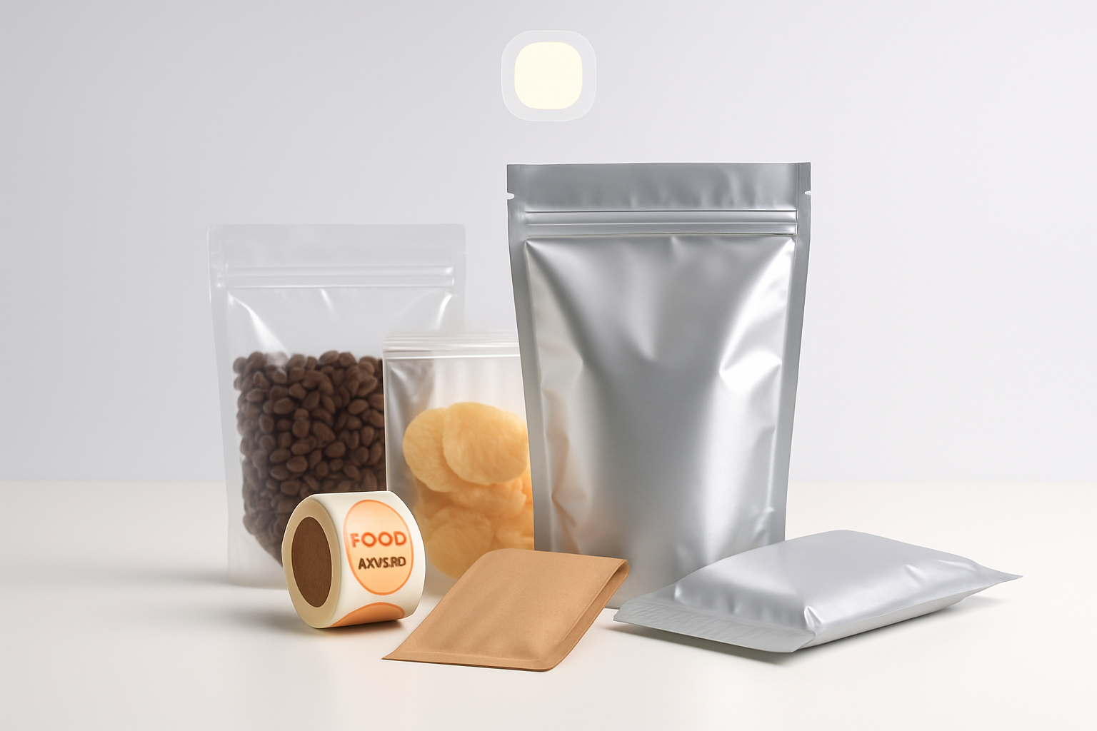 Assorted flexible packaging products: stand-up pouches, zipper bags, labels, center seal bags, and eco-friendly materials