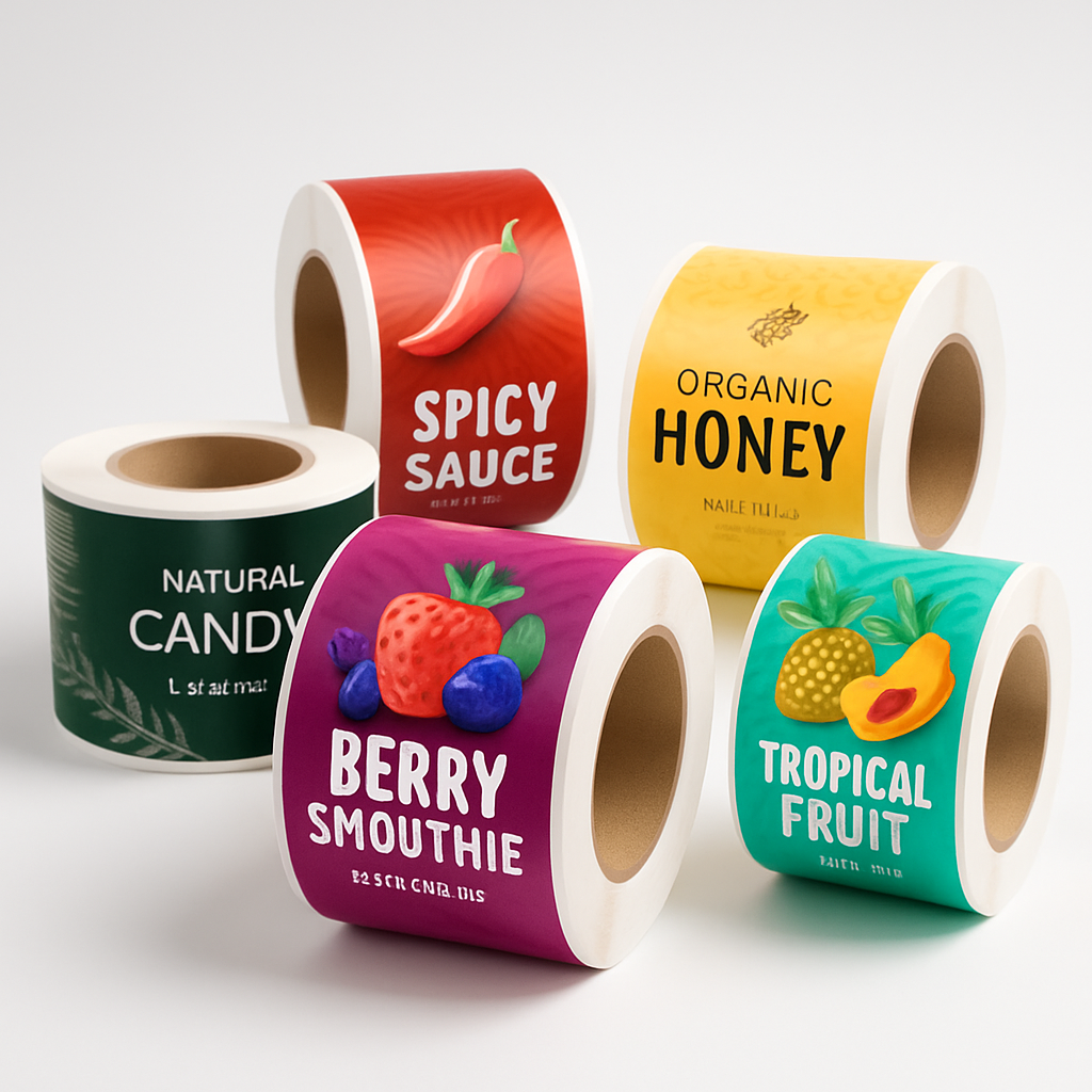 Custom printed labels in various vibrant designs, flexographic and rotogravure quality, arranged for display