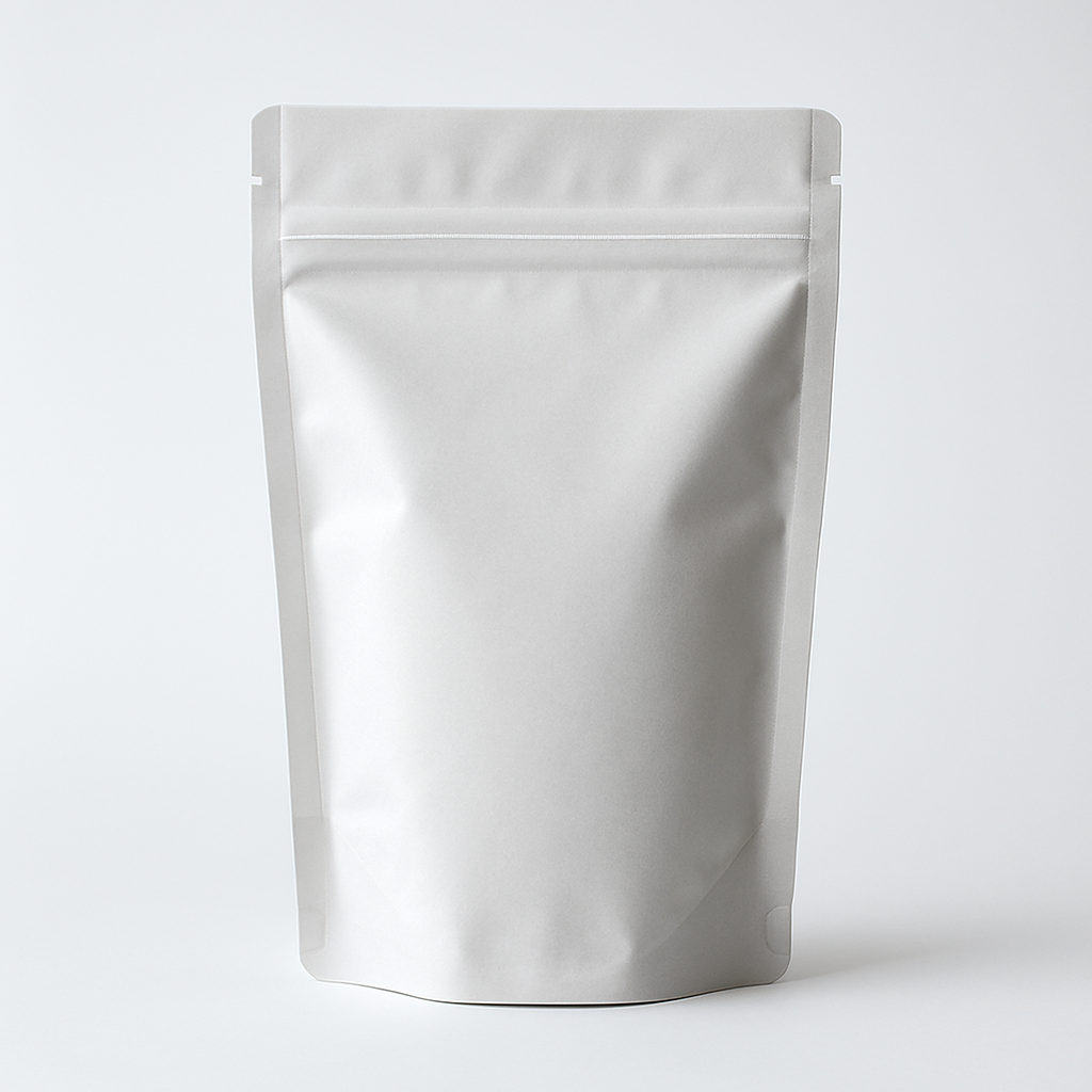 Clear modern product photo of a zipper flexible packaging bag, upright on clean white background, professional presentation