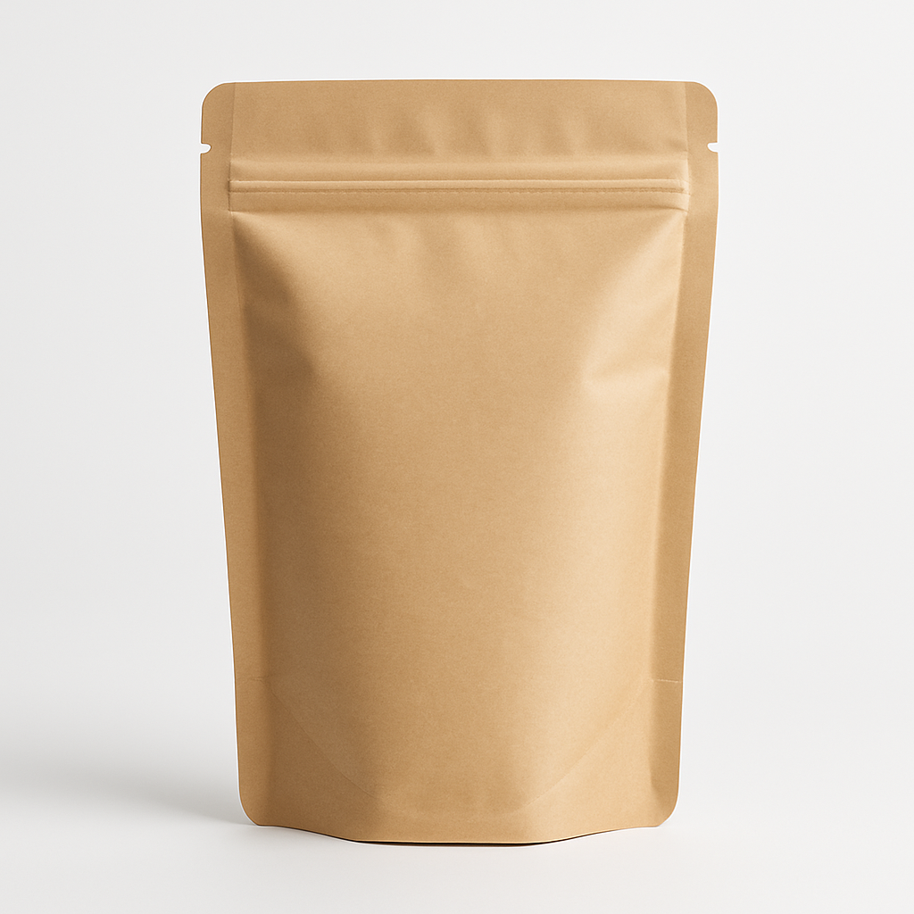 Stand-up pouch with zipper, professional flexible packaging, upright on clean white background, modern and high quality