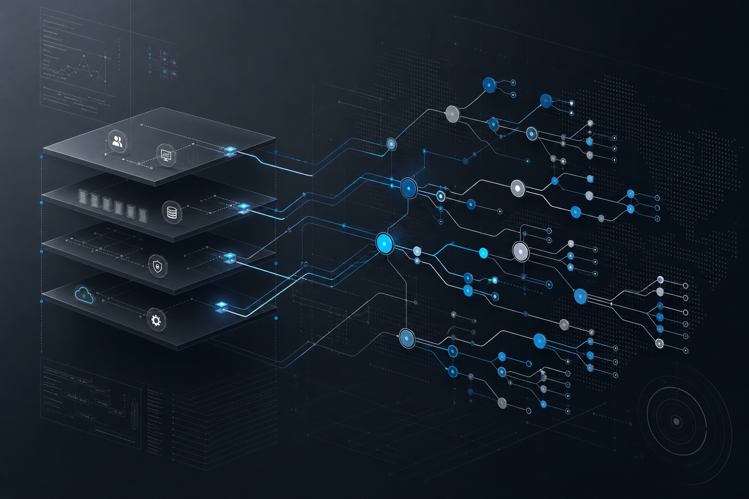 Advanced enterprise systems map with layered graph-tree architecture, interconnected dependency nodes, branching data structures, and complex technical information flow topology