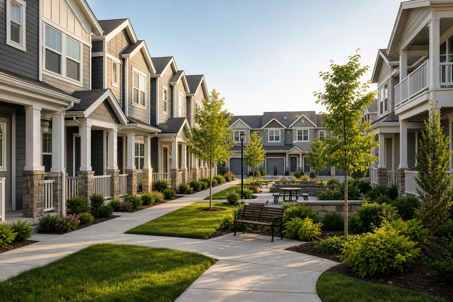 Well-maintained residential HOA community with landscaped walkways, clean shared spaces, and townhome buildings in soft daylight
