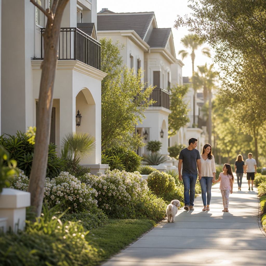 Community townhouse exterior with landscaped walkway, aligned façades, and warm evening light