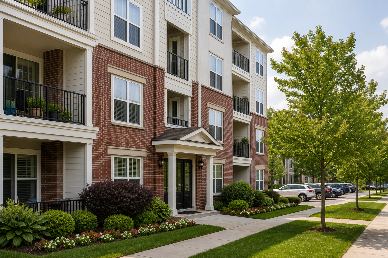Well-kept small multifamily apartment building with landscaped walkway and entry
