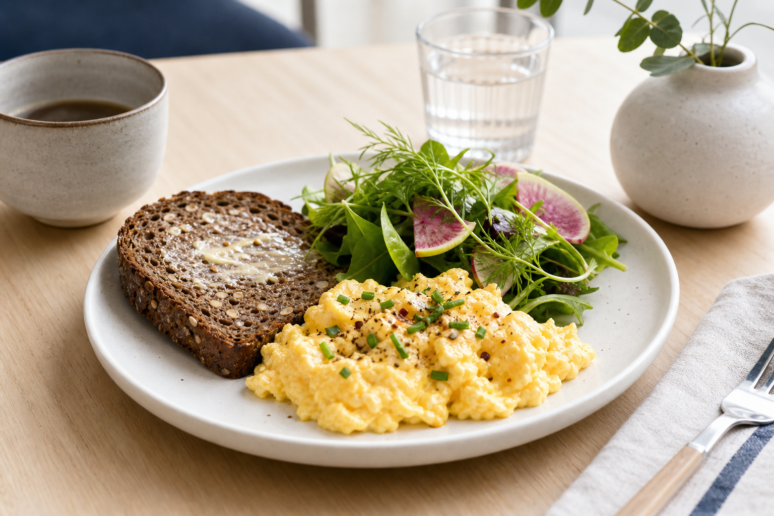 Scandinavian breakfast plate with rye toast, soft eggs, and seasonal greens on a white plate
