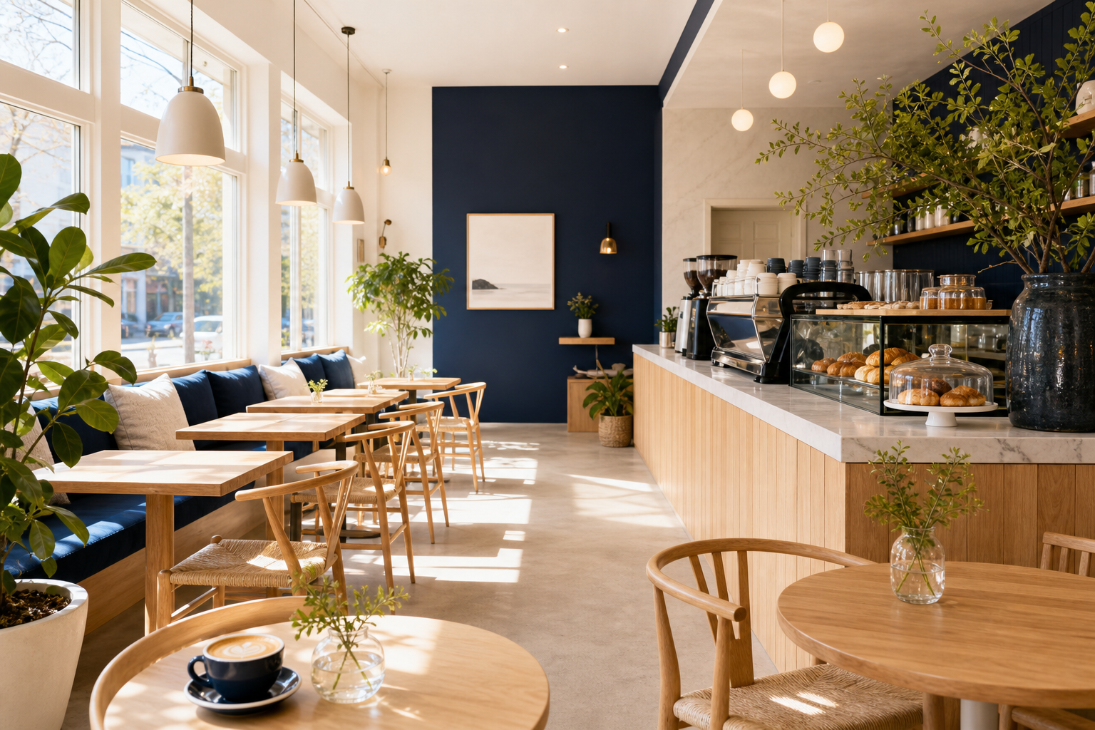 Bright Scandinavian cafe interior with light wood tables, navy accents, sunlit windows, and a calm, welcoming atmosphere