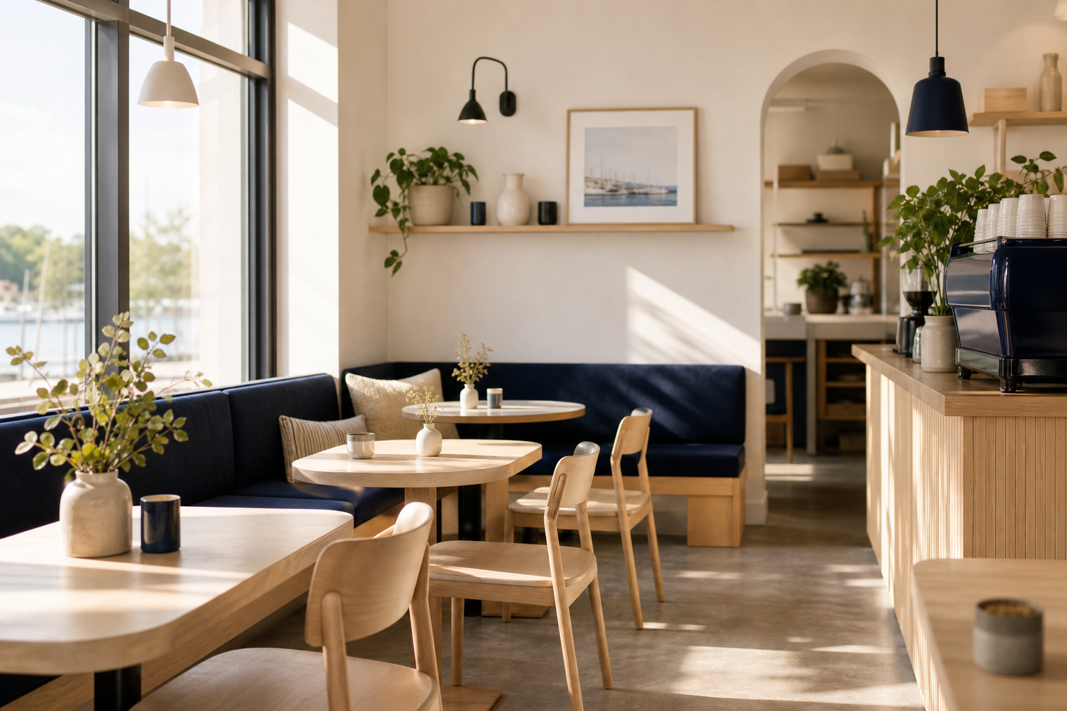 Sunlit cafe interior with light wood tables, navy seating, and large windows