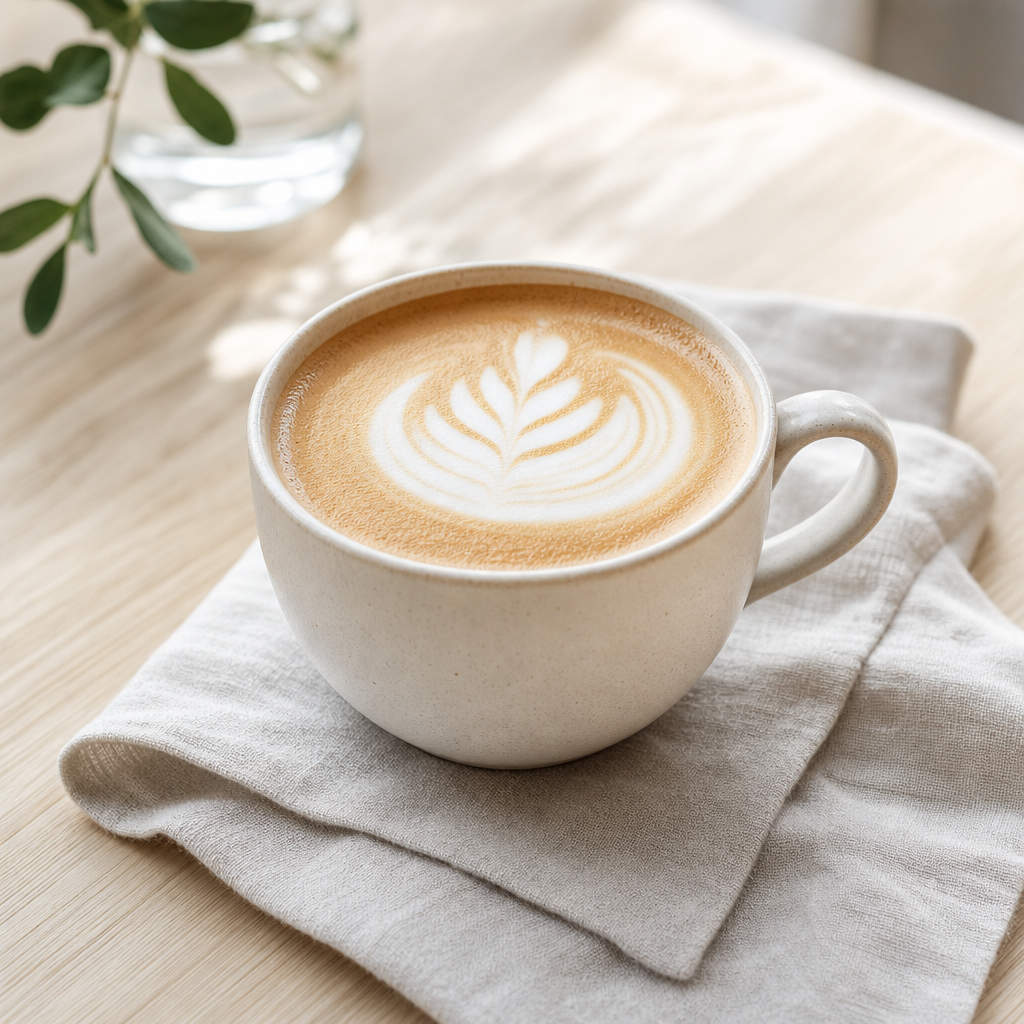 Ceramic cup of latte with delicate leaf latte art on a light linen napkin