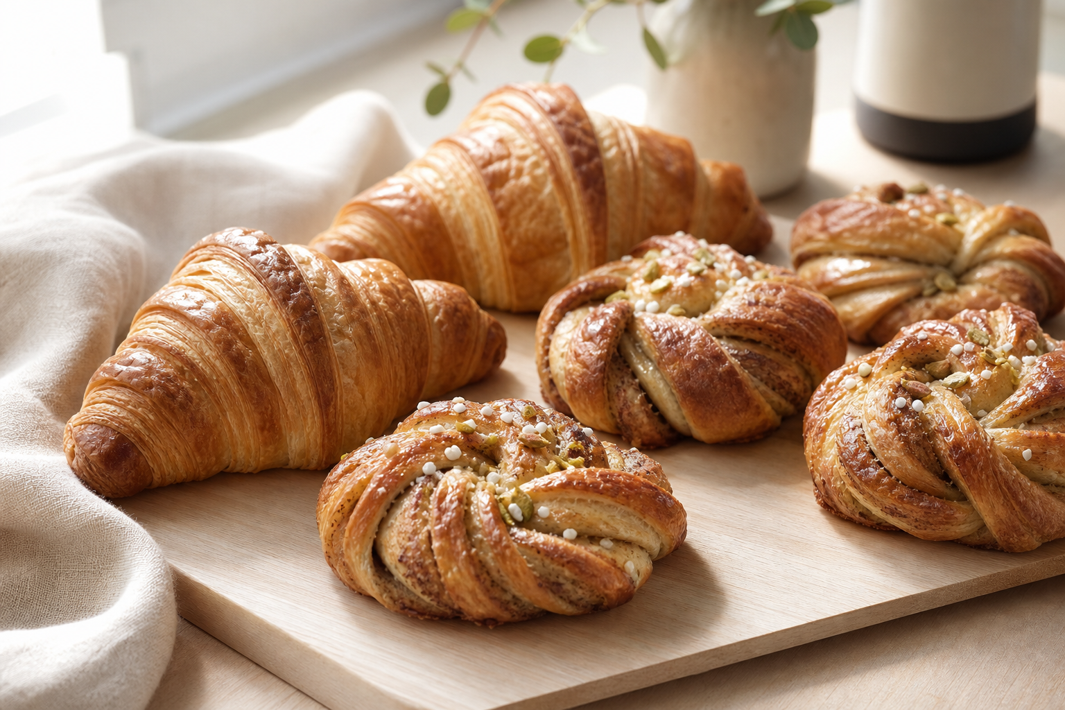 Fresh croissants and cardamom buns on a pale wood board with soft morning light