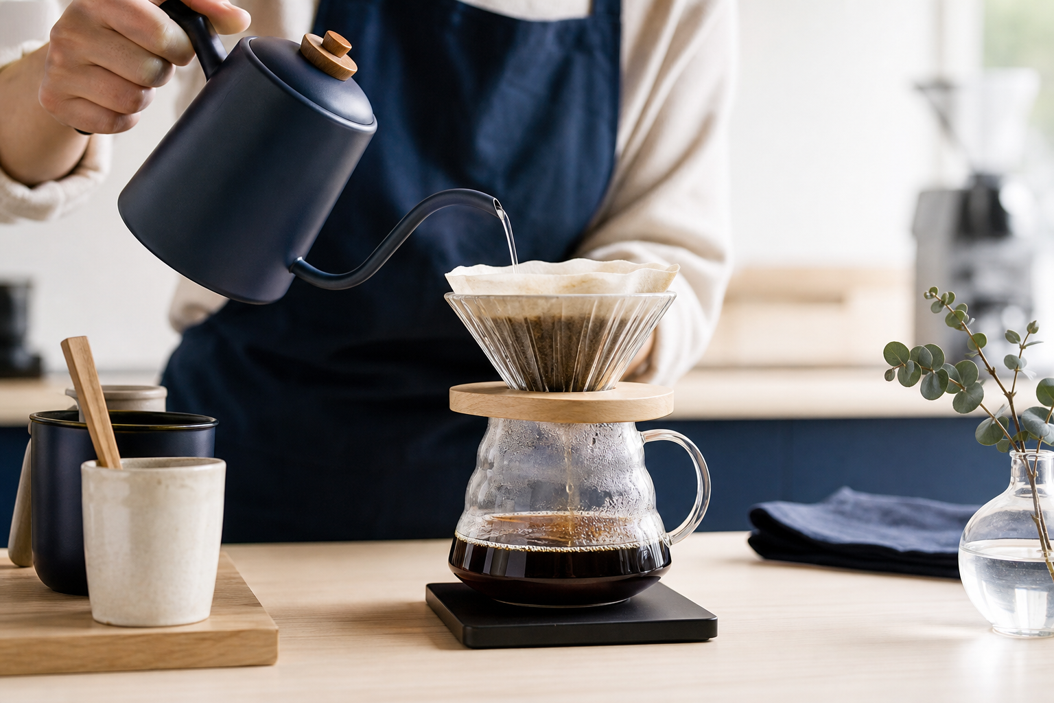 Barista hands pouring filter coffee over a glass carafe on a clean wood counter