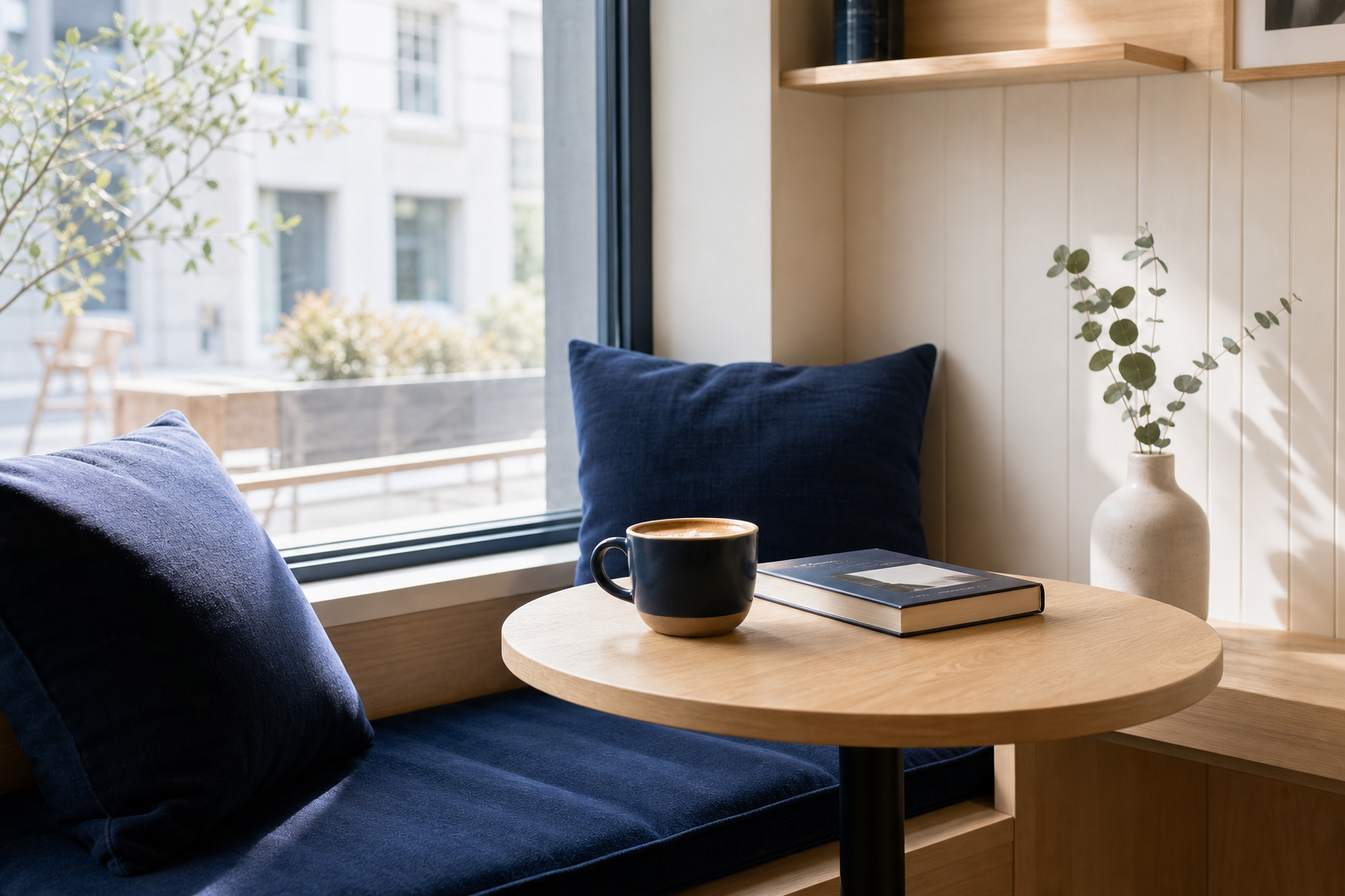 Cozy window seat with navy cushions, a small table, and a book beside a coffee mug