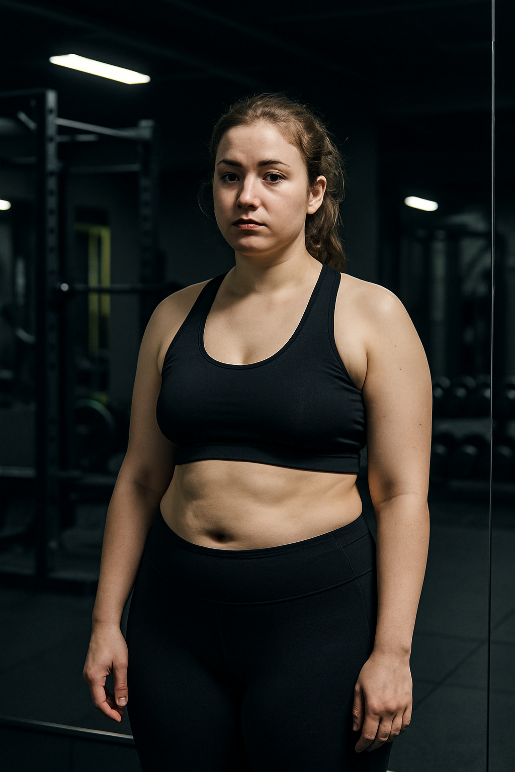 Anna before transformation, standing in gym mirror with average physique and low muscle definition