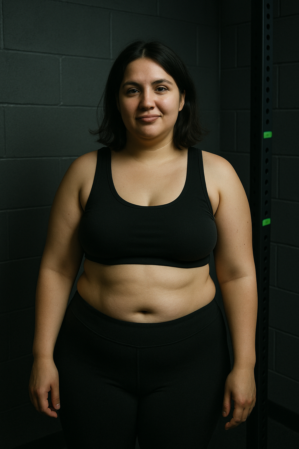 Iryna before transformation in activewear with softer midsection and neutral pose