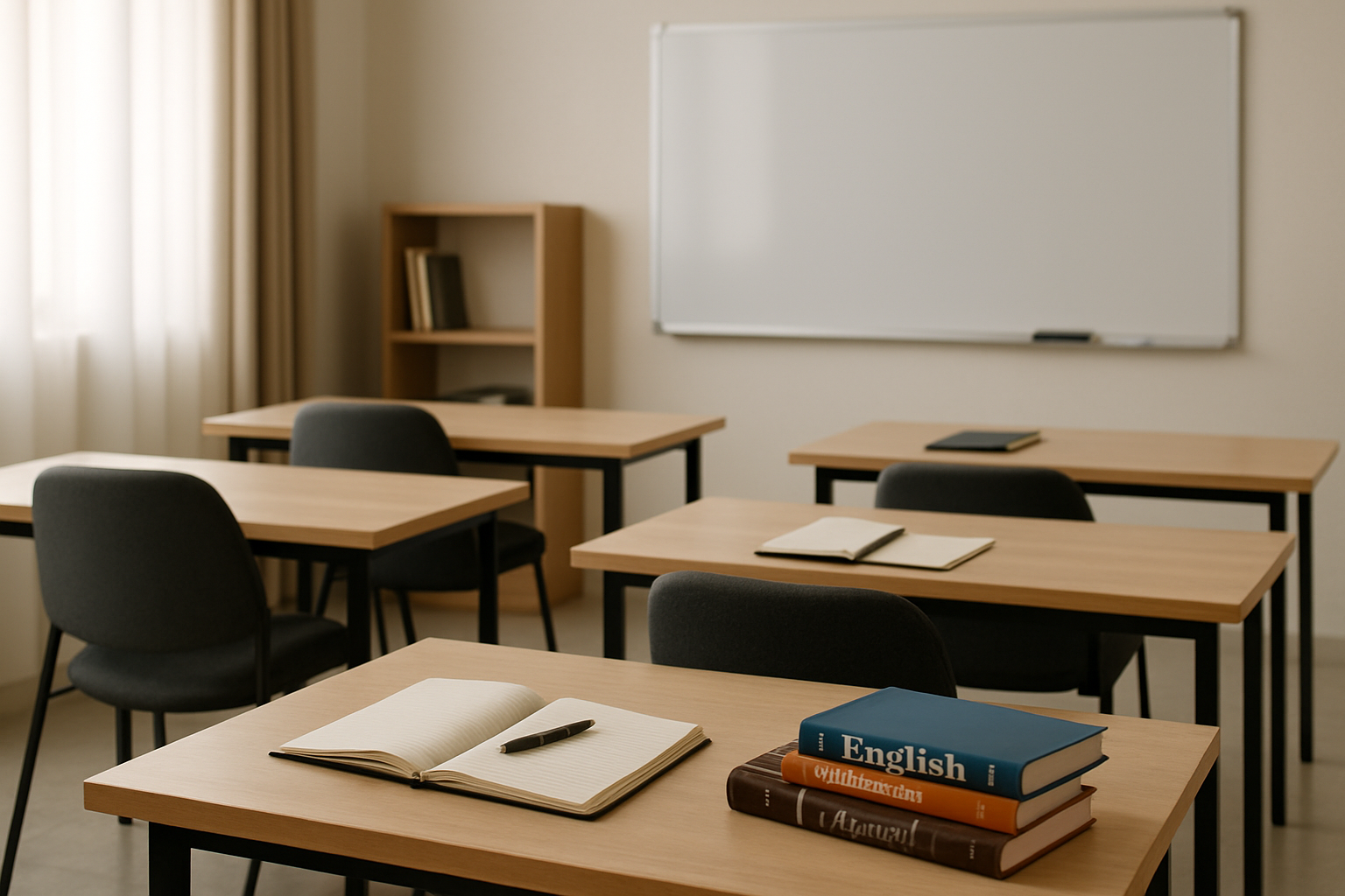 Environnement sérieux d’un centre de formation avec salle lumineuse, tables organisées et supports pédagogiques