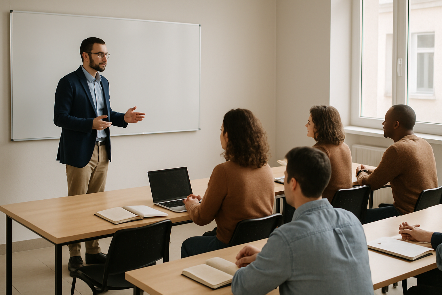 Salle de formation lumineuse avec formateur et apprenants concentrés autour de tables de travail