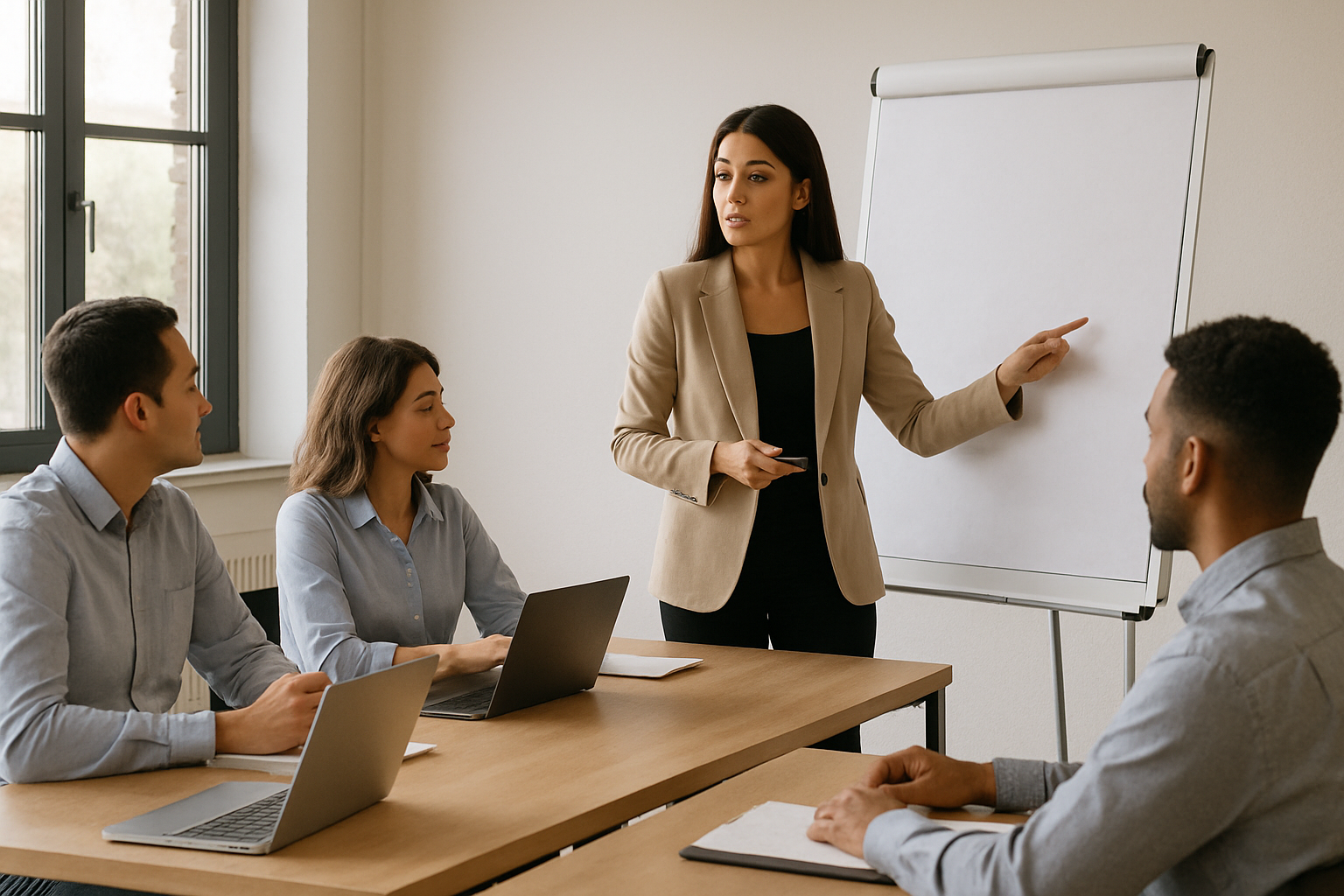 Apprenants en session dans un centre de formation lumineux avec formateur