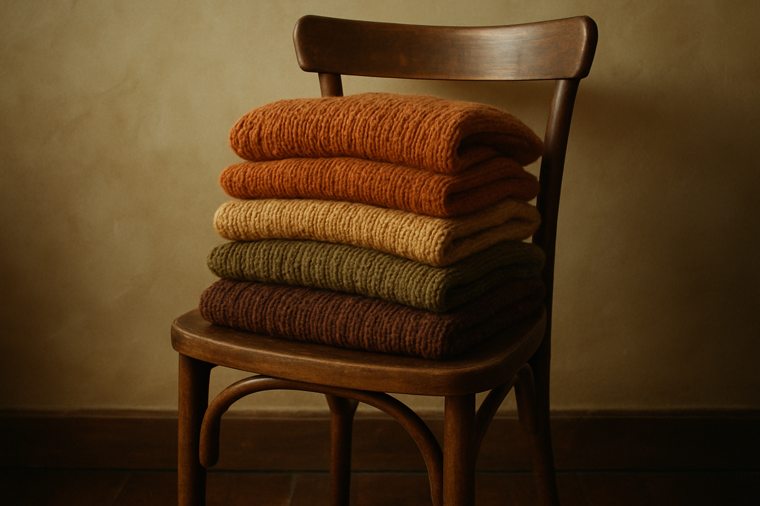 Vintage knit sweaters in earthy tones stacked on a wooden chair with soft shadows