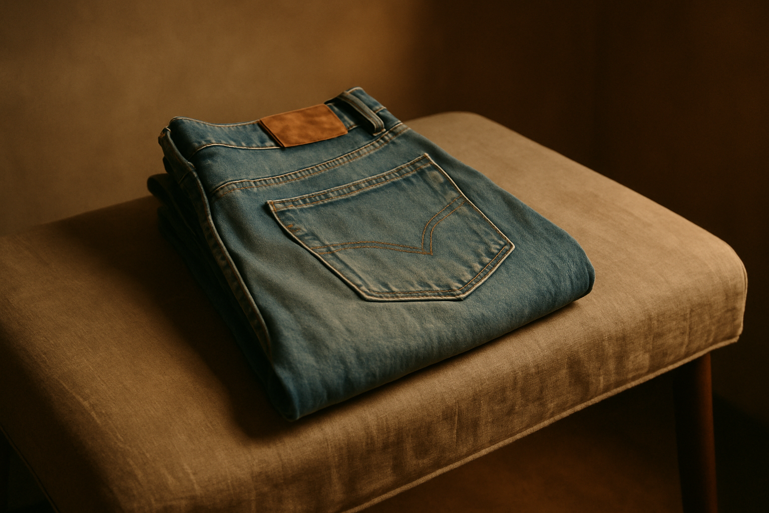 Sun-faded vintage denim jeans folded on a linen bench with warm studio lighting