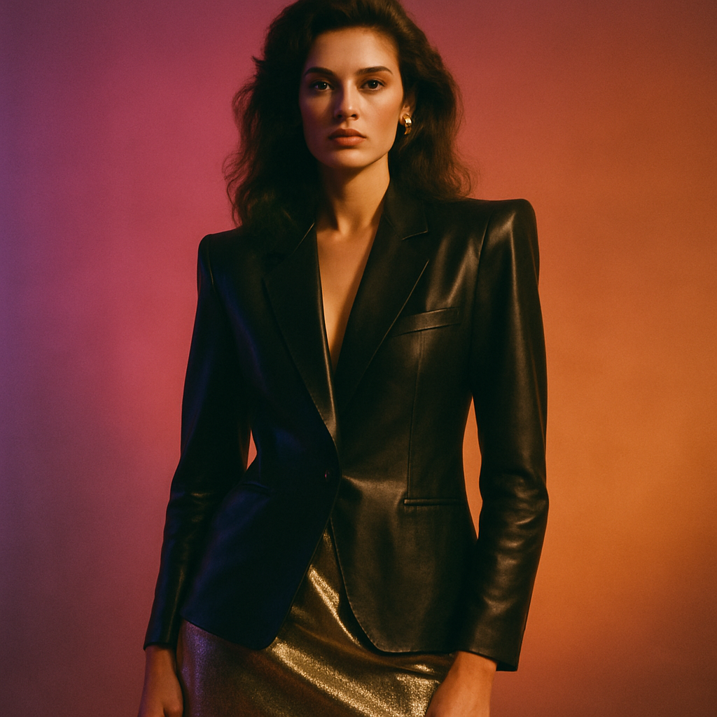 Model in a black leather blazer with bold shoulders and a metallic skirt in a neon-lit studio