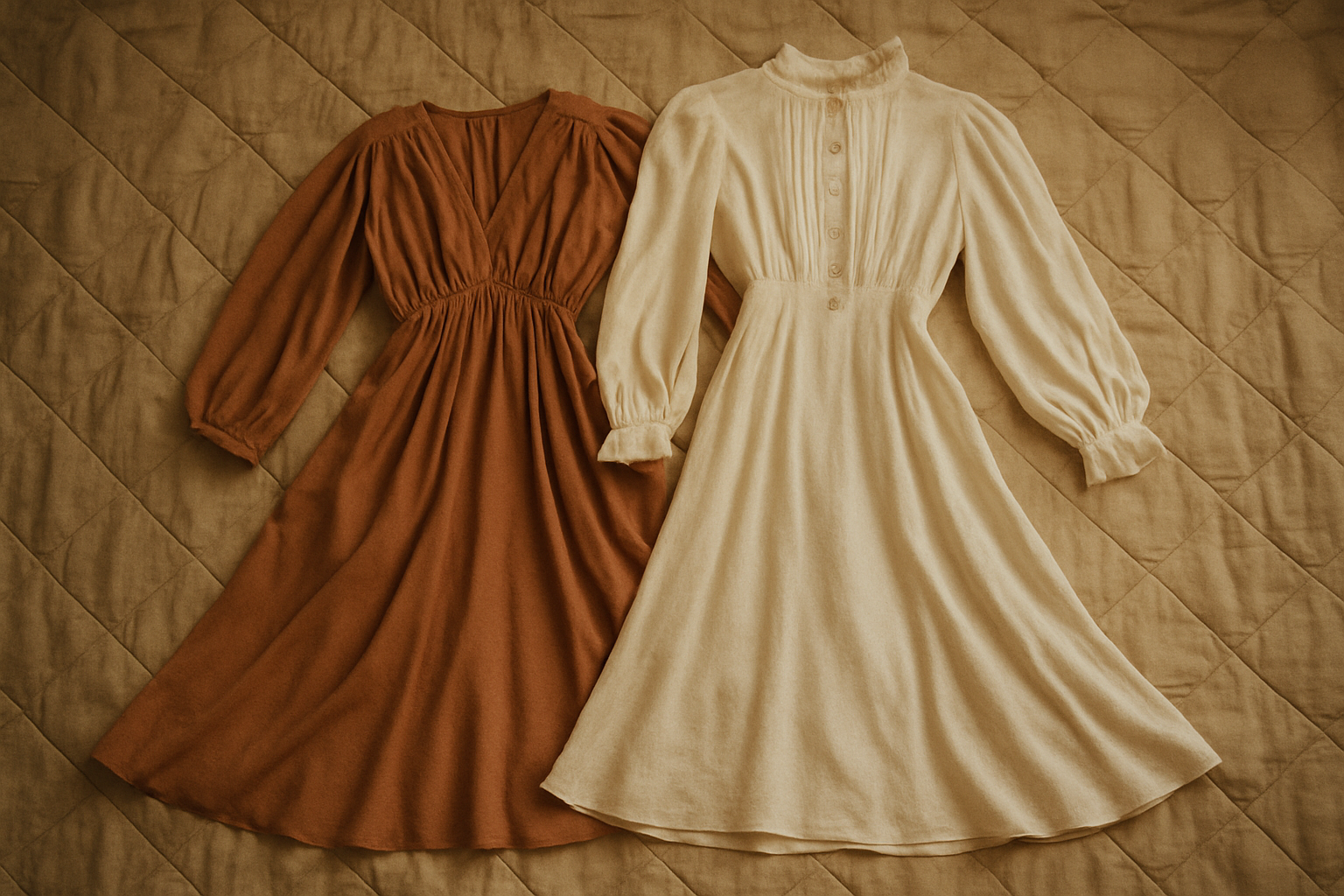 Flowing vintage dresses in muted rust and cream tones laid on a quilted studio backdrop