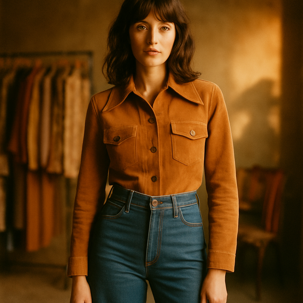 Woman wearing a caramel suede jacket and high-waisted wide-leg jeans under warm golden light