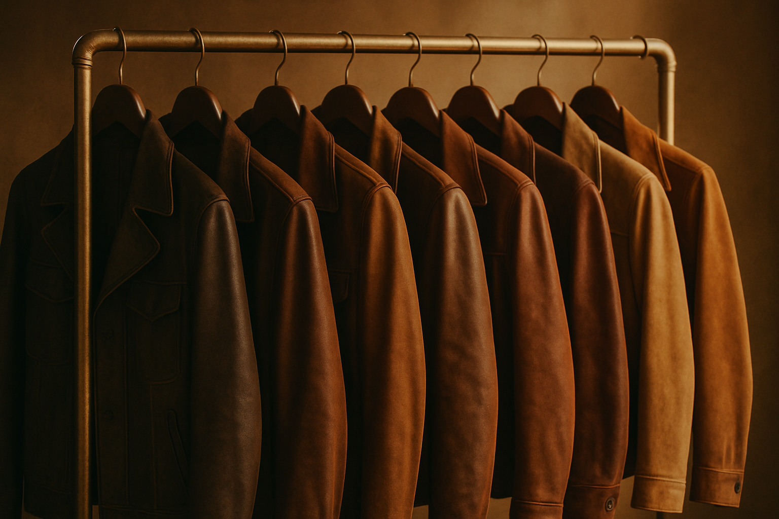Structured vintage leather and suede jackets hanging on brass rack with warm amber tones