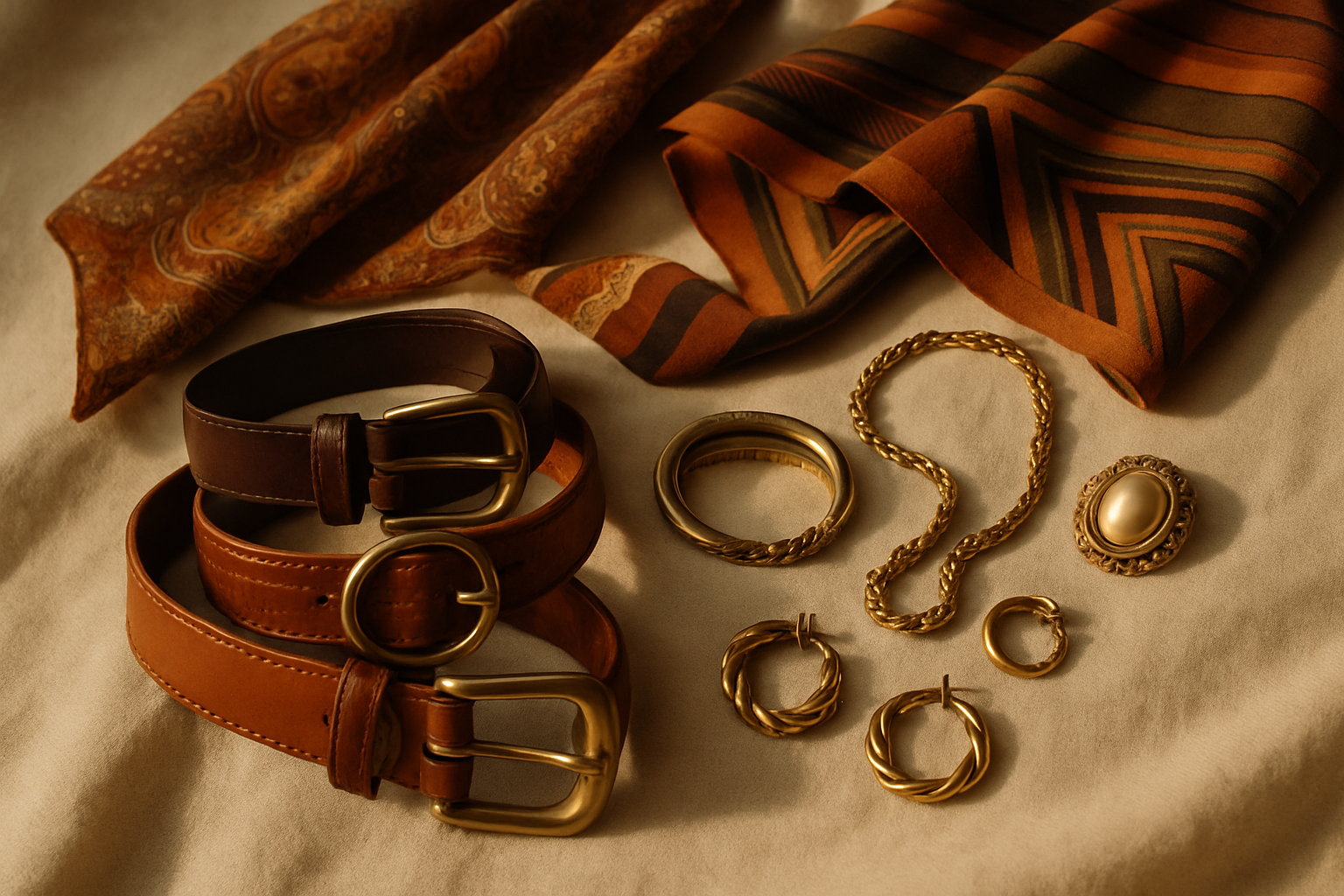 Collection of vintage belts, scarves, and gold-tone jewelry arranged on a cream cloth