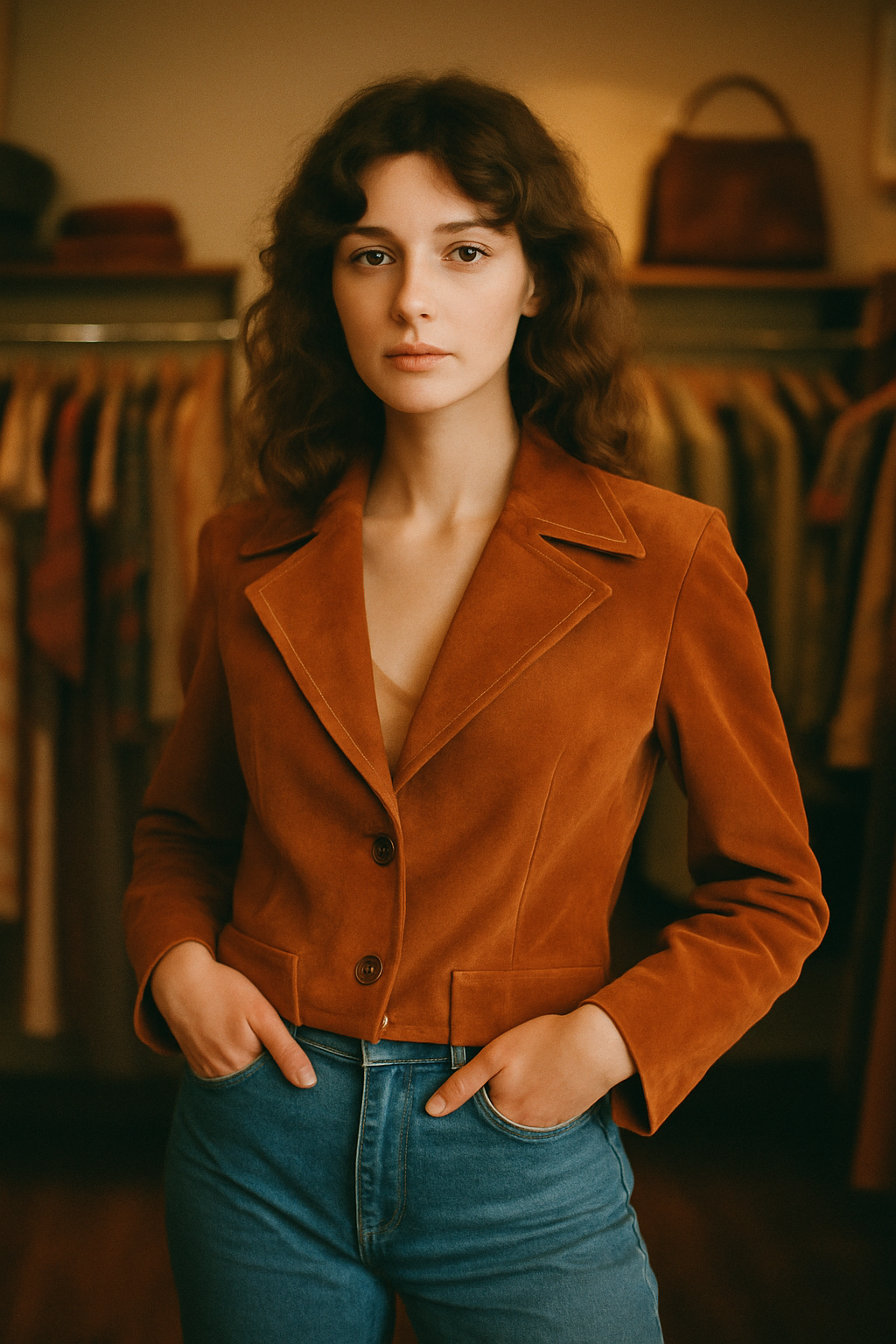 Film-inspired portrait of a model wearing a burnt orange suede jacket with wide lapels and high-waisted denim, styled in a warm vintage boutique