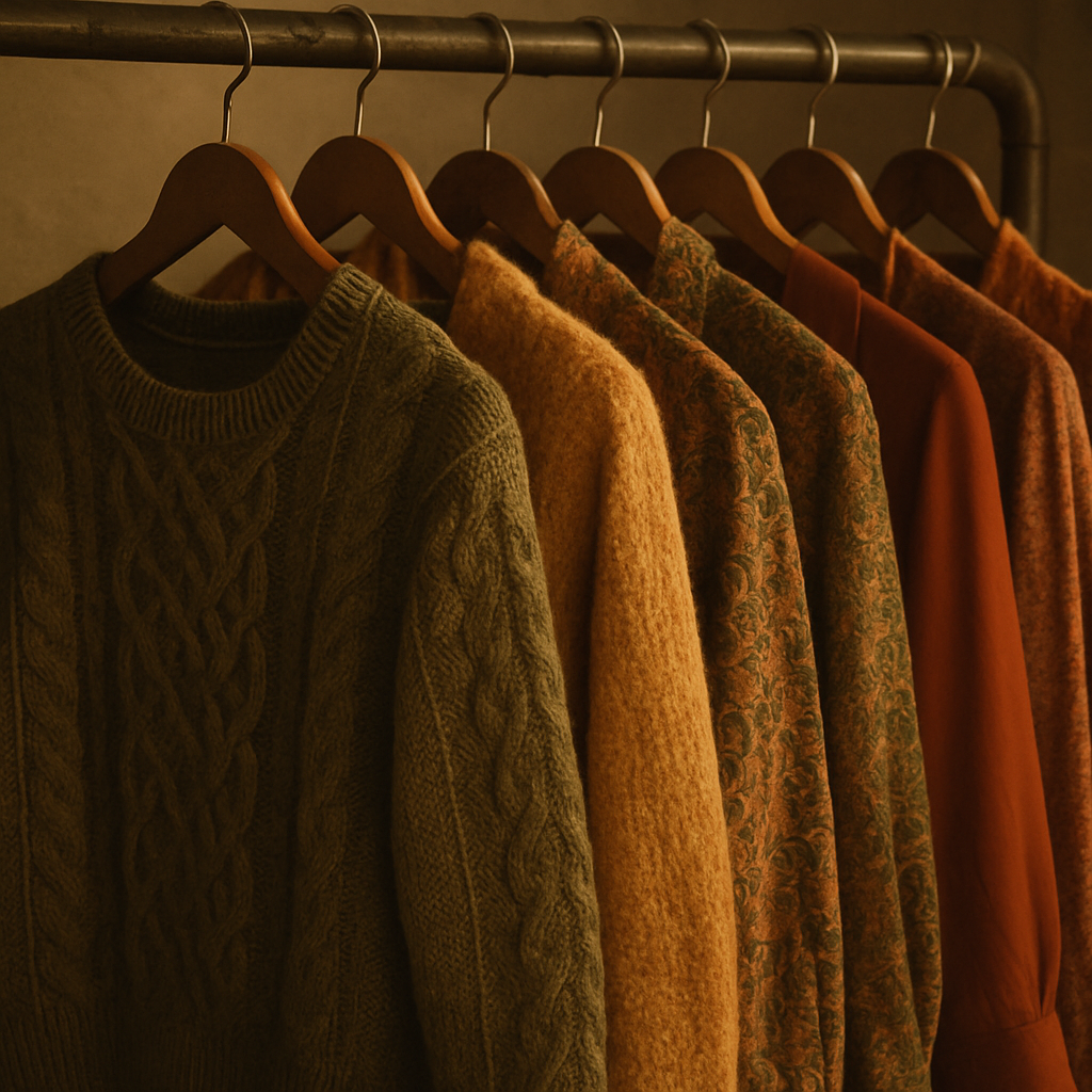 Close-up of a curated vintage clothing rack with textured knitwear and patterned blouses in earthy tones, shot with soft film lighting