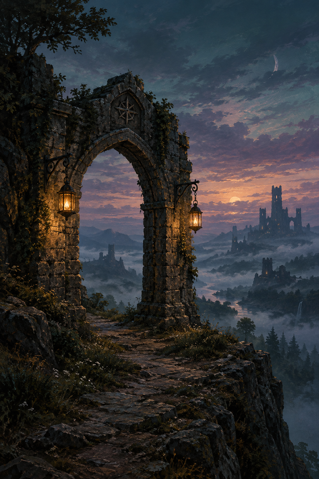 Moody retro-fantasy illustration of a ruined stone arch with hanging lanterns overlooking a misty valley at dusk