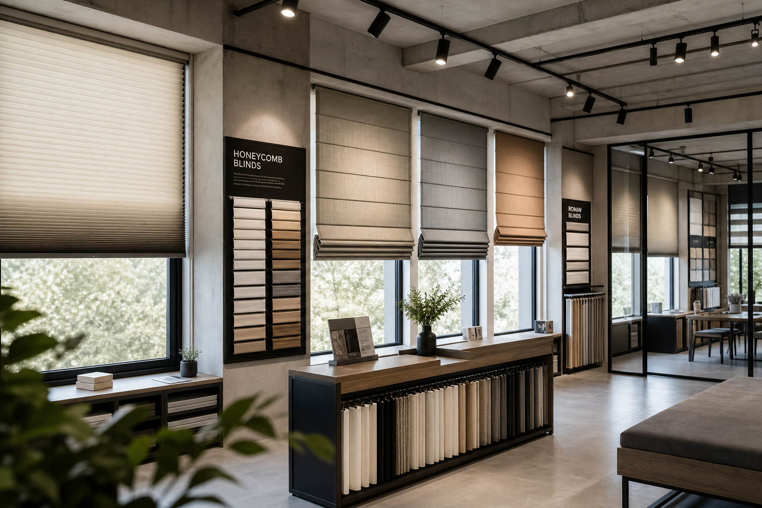 Premium window covering showroom with honeycomb and Roman blinds displayed in a sunlit, modern industrial space