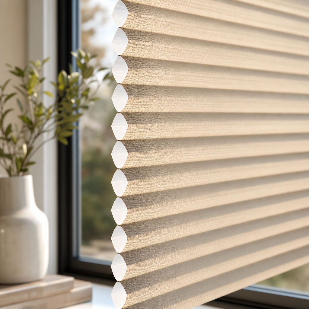 Close-up of textured honeycomb blinds in a modern home interior with warm natural light