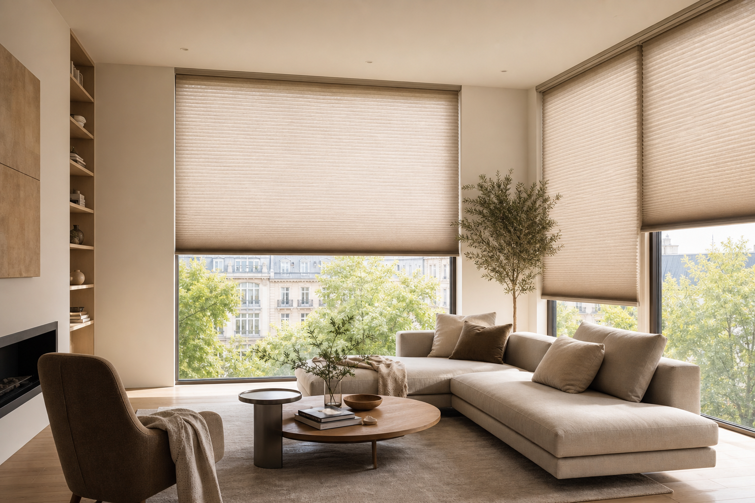 Sunlit European living room with honeycomb blinds filtering soft daylight and neutral furnishings