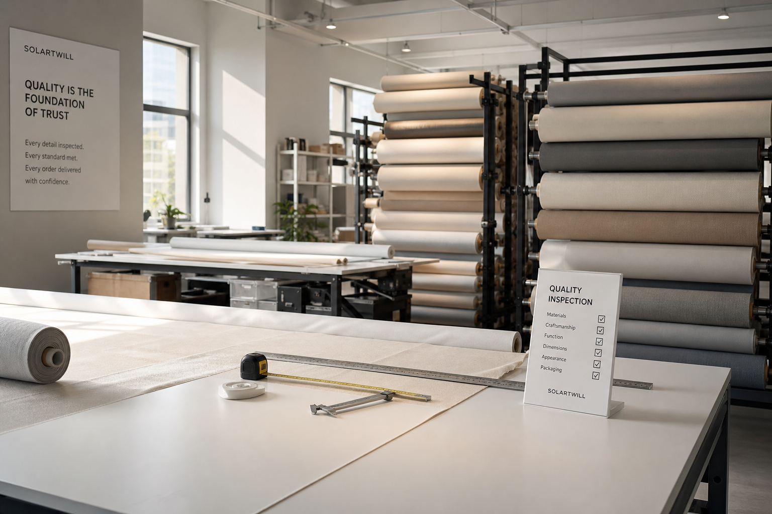 Quality inspection area with fabric rolls, measuring tools, and clean worktables