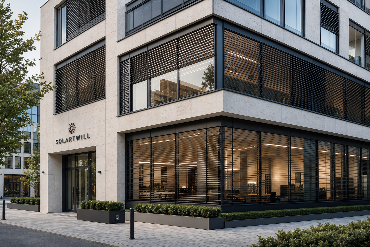 Modern commercial and residential facade with exterior horizontal blinds shading large glass elevations in soft daylight