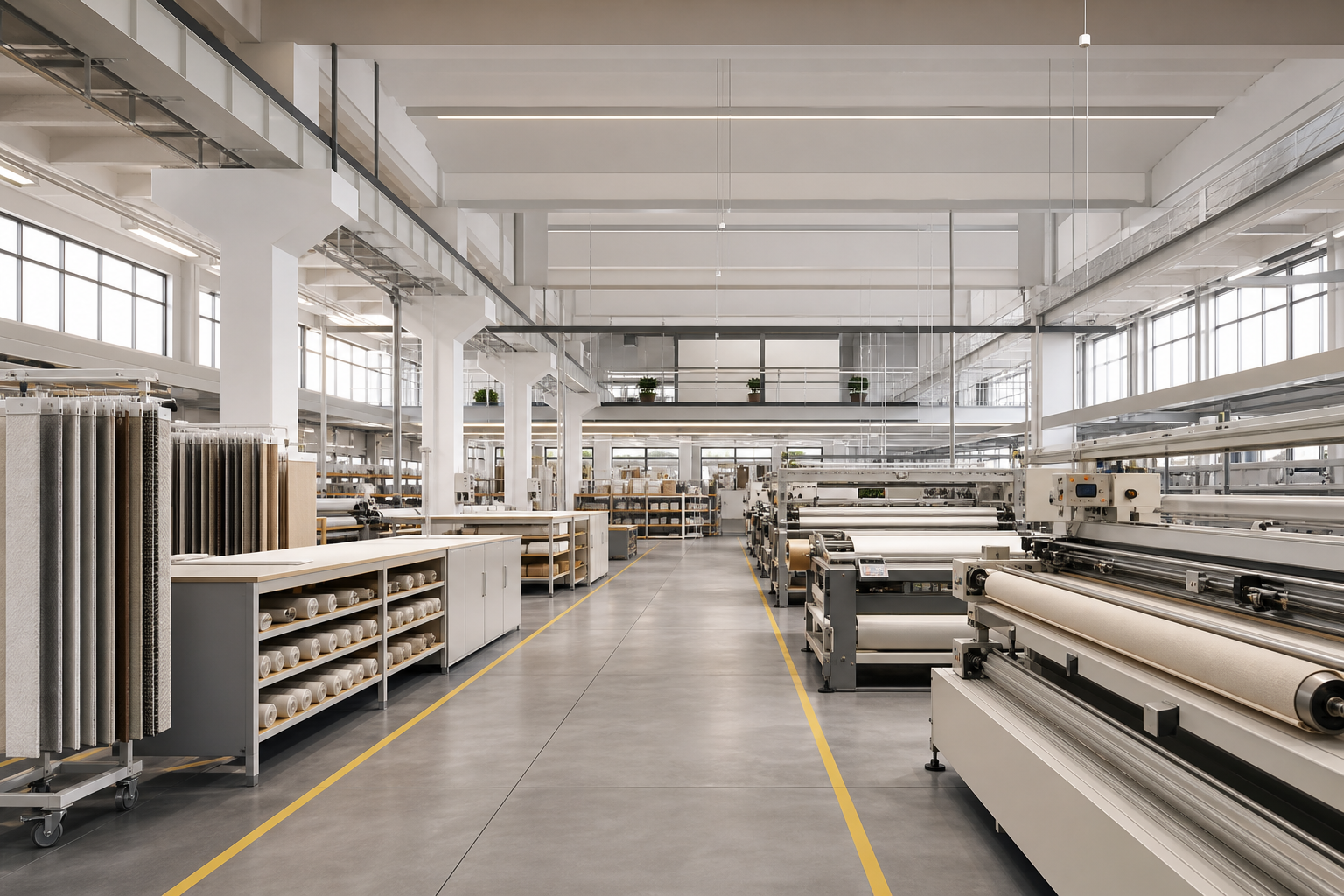 Production line inside a modern window covering factory with orderly workstations