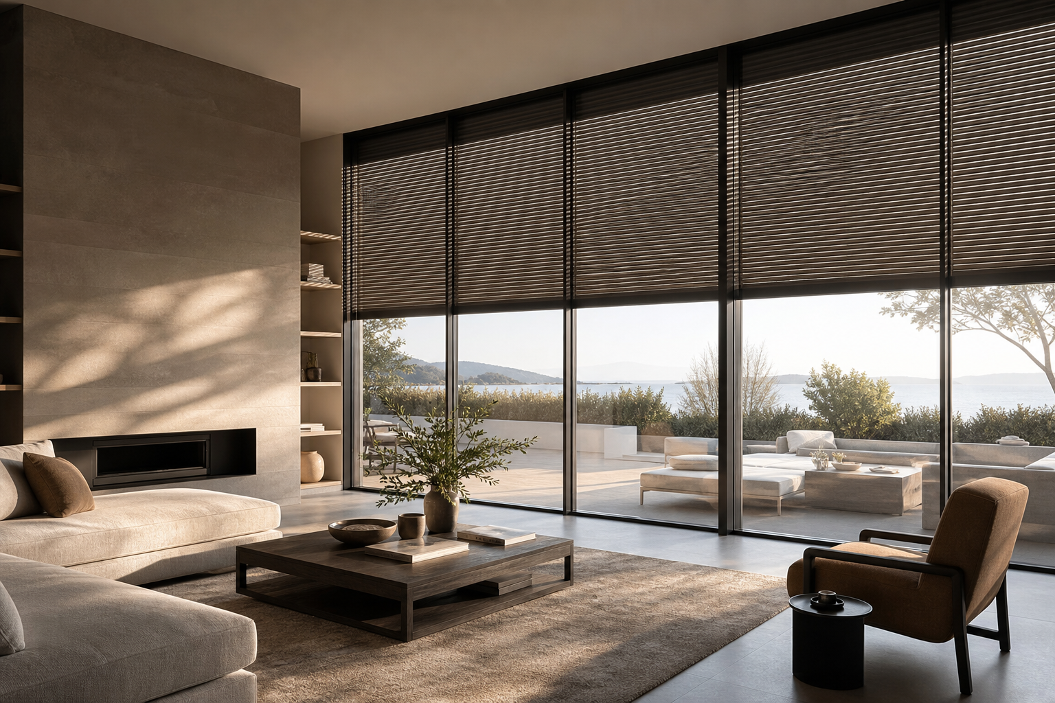 Premium residential living space and terrace with exterior blinds filtering daylight across large windows