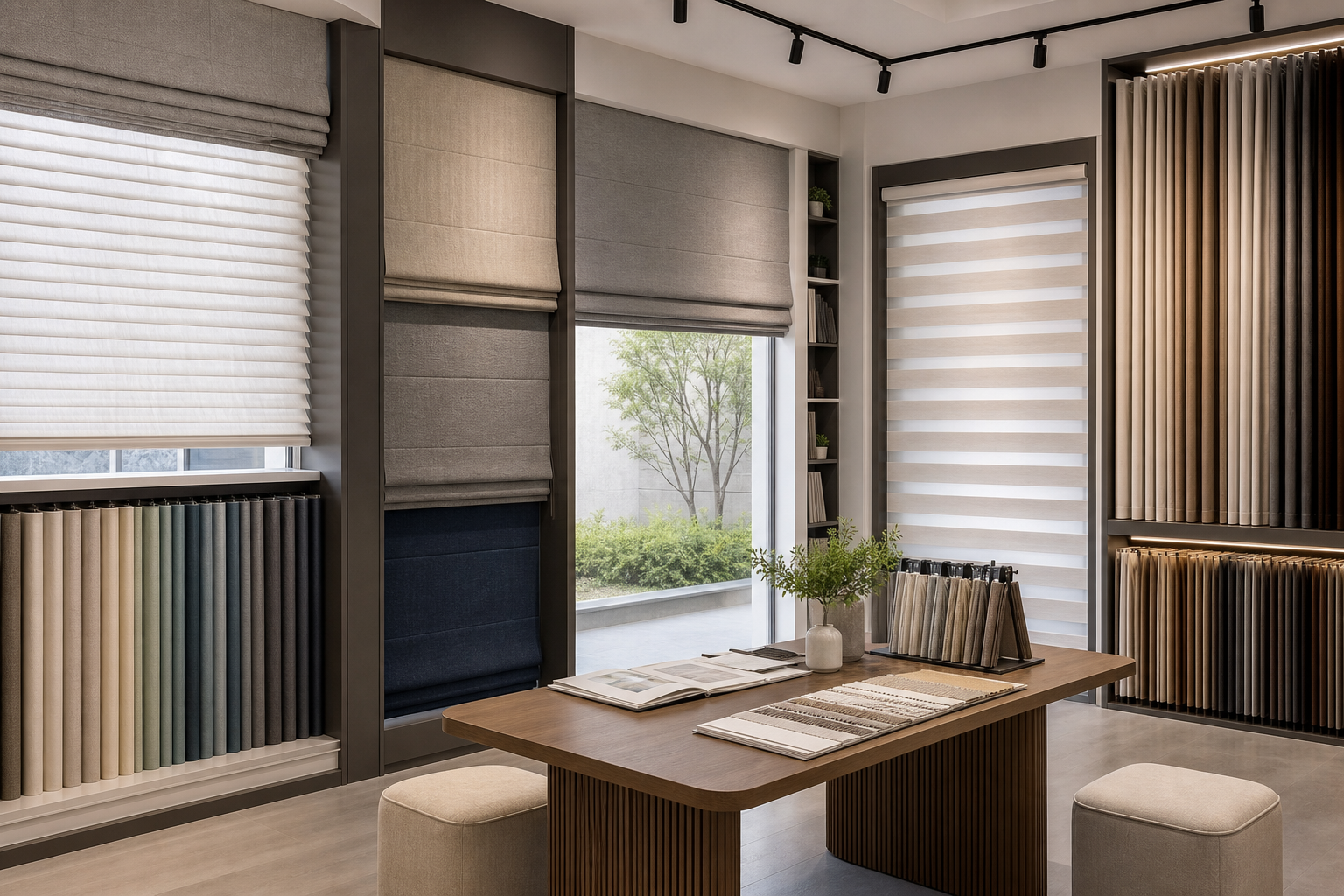 Sample room with neatly arranged blinds, fabric swatches, and daylight