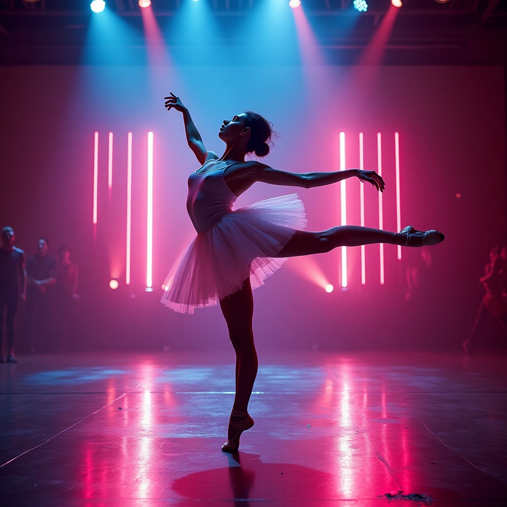 A ballerina in mid-air performing a dramatic pirouette kick on a neon-lit stage, exuding both elegance and fighter intensity, with neon light trails and dynamic stage shadows.