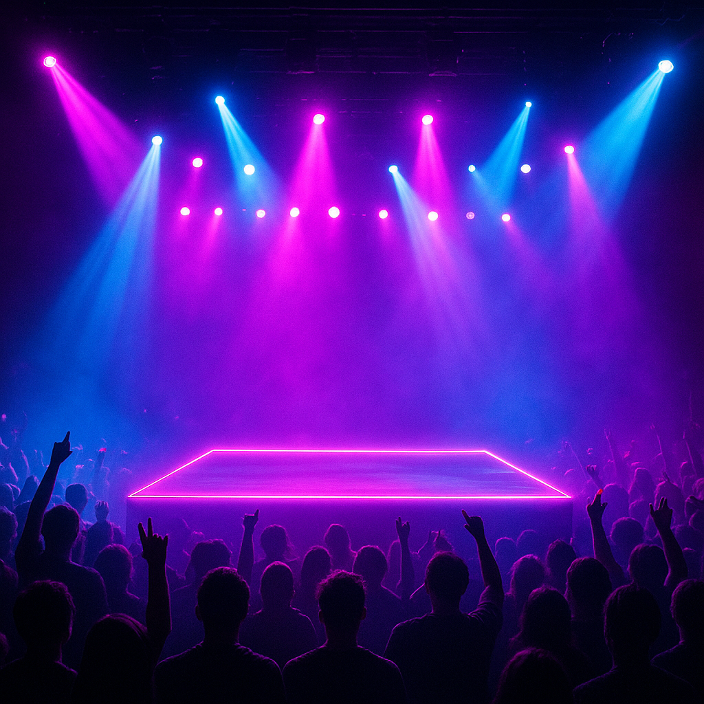 Neon-lit stage glowing with vibrant colors, energetic audience and dramatic lighting
