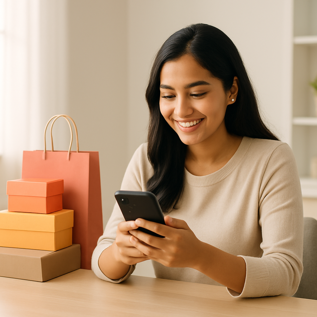 Smiling young Bangladeshi woman browsing a mobile shopping app with neatly arranged product packages and shopping bags on a modern desk