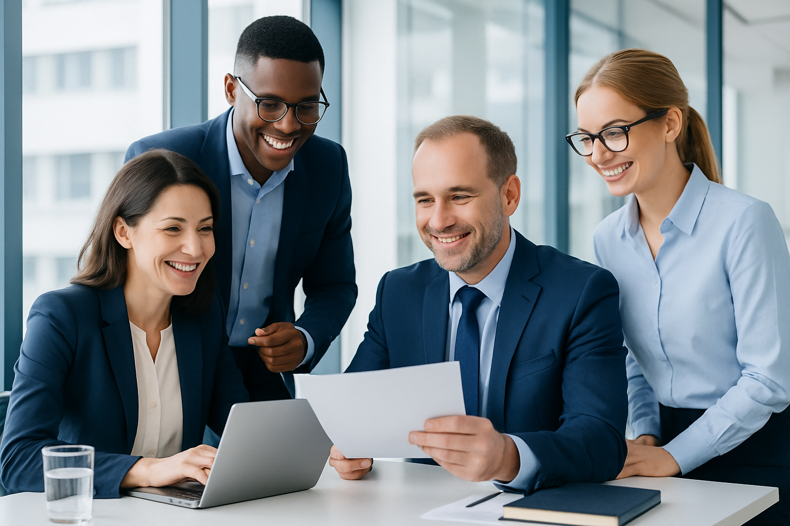Professional business team collaborating in a modern office, blue and white corporate color palette, clean and modern, friendly and trustworthy atmosphere, bright natural lighting, business-oriented style