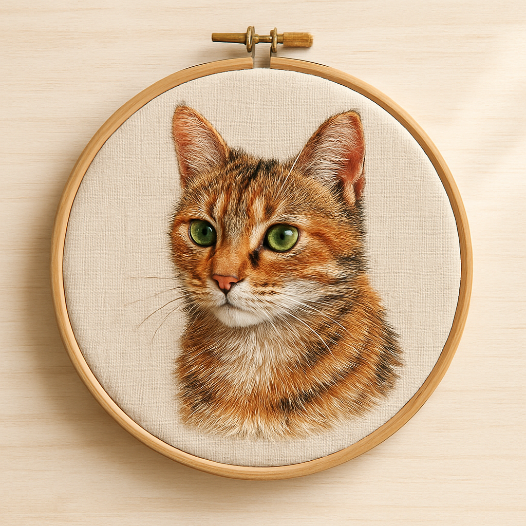 Sample embroidered pet portrait in a wooden hoop