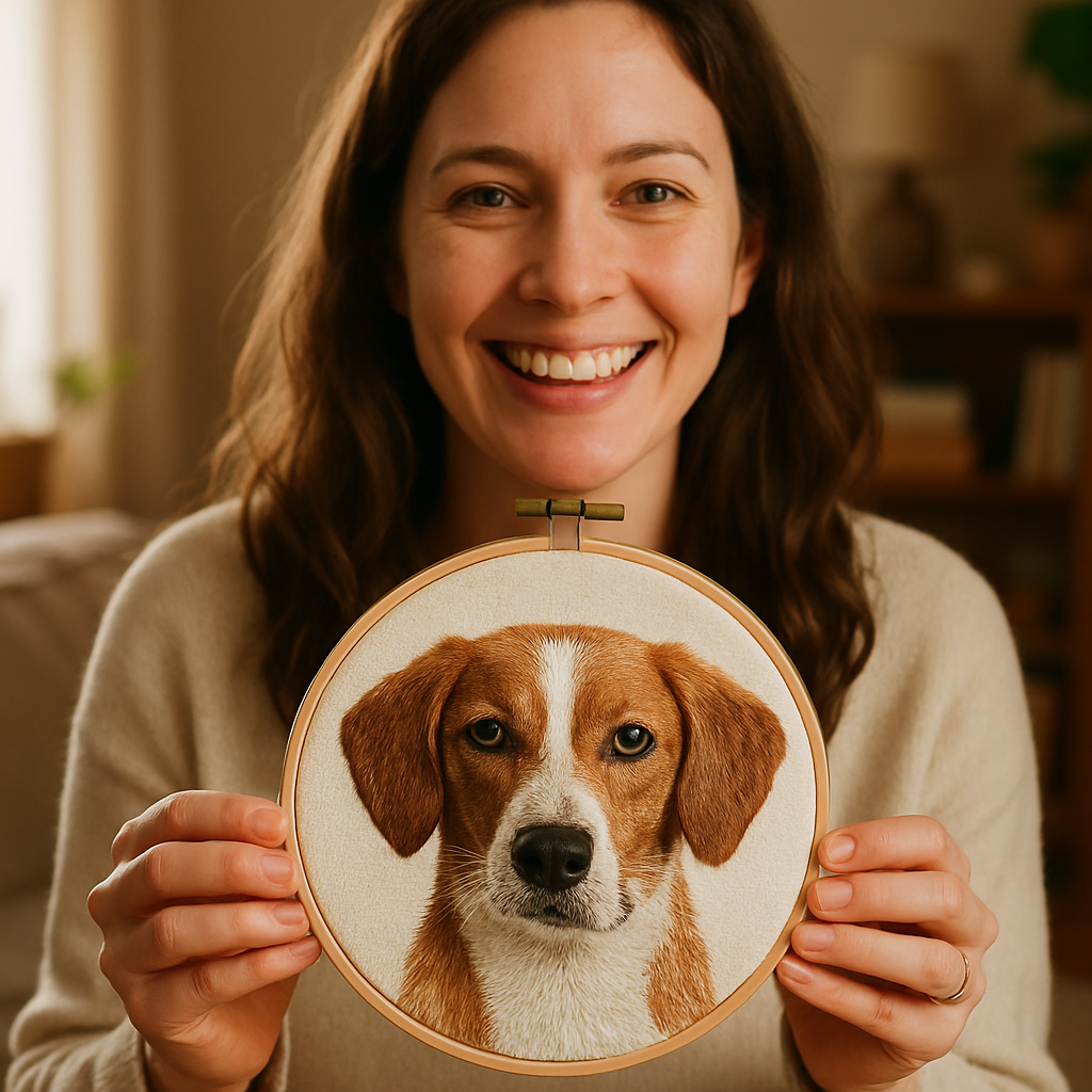 Sarah holding embroidered portrait of Bella